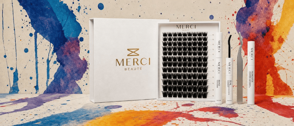 MERCI BEAUTÉ Essential Kit with Bond, Seal, and Remover on an artistic painted backdrop